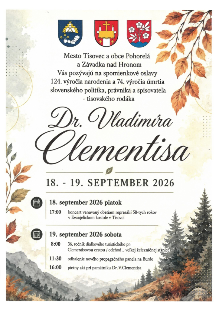 Clementisovou cestou 2026: spomienkové oslavy v Tisovci 18.–19. 9. 2026
